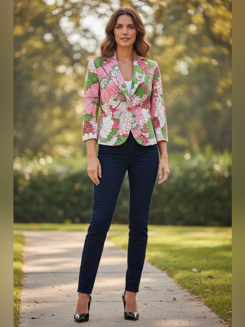 ZARA Basic, Floral Blazer Pink Green Cotton Stretch, Size 6 US, Retro Statement